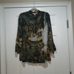 Vintage Chicos Green Asian Print Silk Tunic Sheer Size Medium